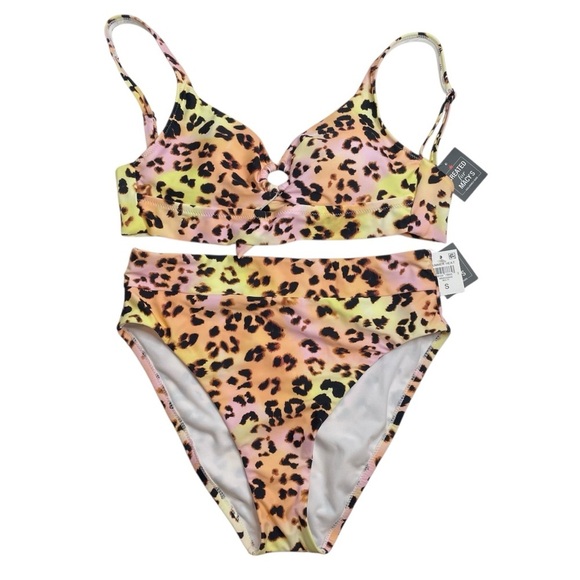 Bar III Banded Ring Bikini Top & High-Rise Bikini Bottoms Summer Heat Animal New - Picture 1 of 11
